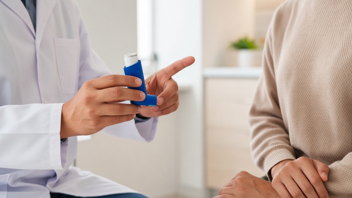 A clinician explaining an inhaler