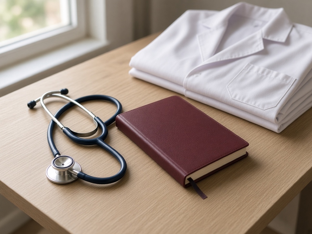 A stethoscope and notebook on a clinic desk