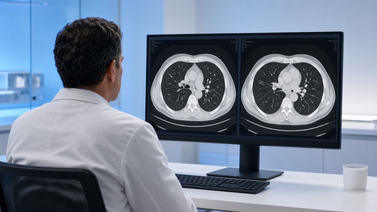 A clinician reviews a chest CT scan